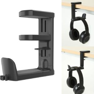 PC Gaming Headset Holder, Upgraded Headphone Stand for Desk,Adjustable Clamp-on Under Desk Hanger, Rotating Headphone Stand & Cable Clip Organizer (Black)